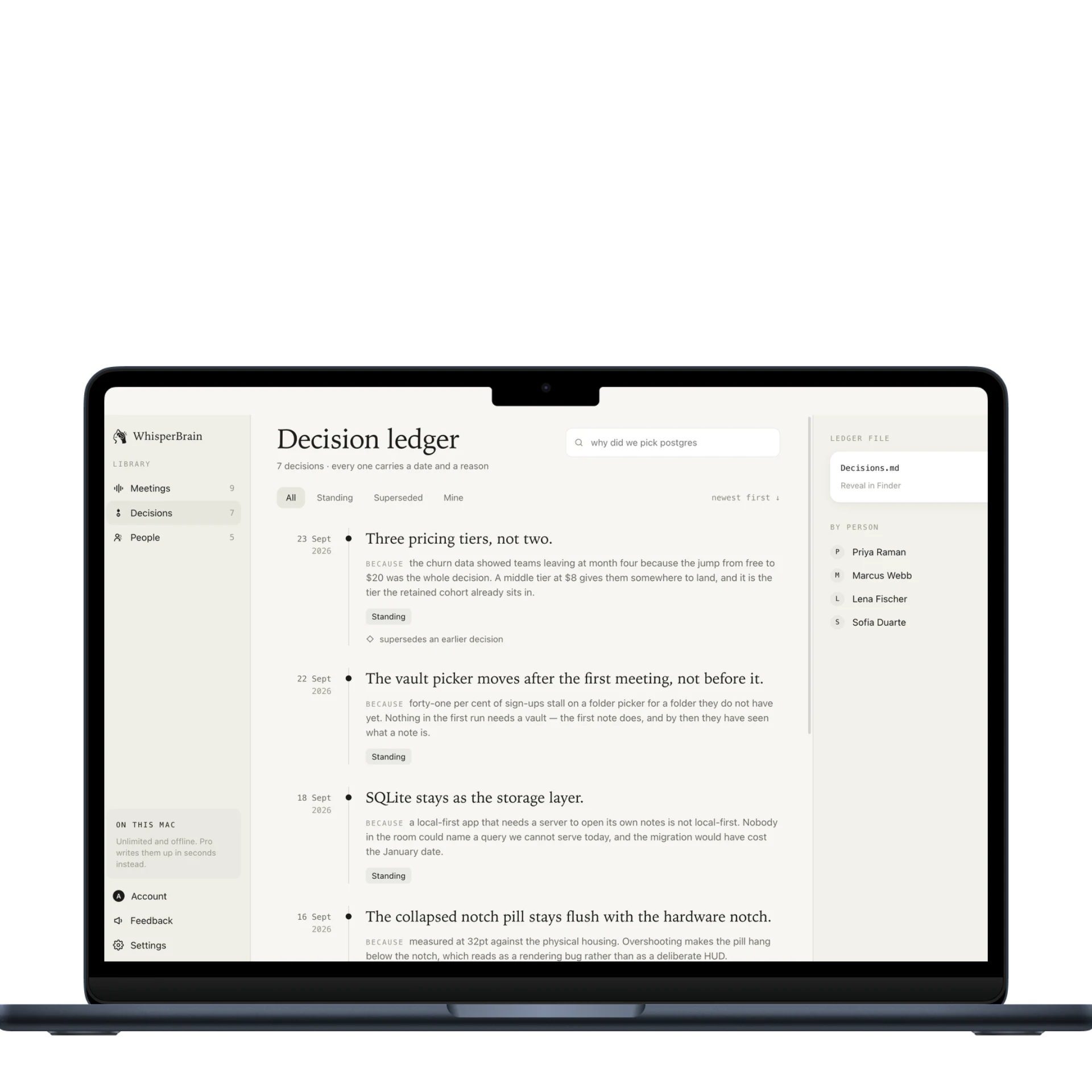 A close-up of the WhisperBrain decision ledger