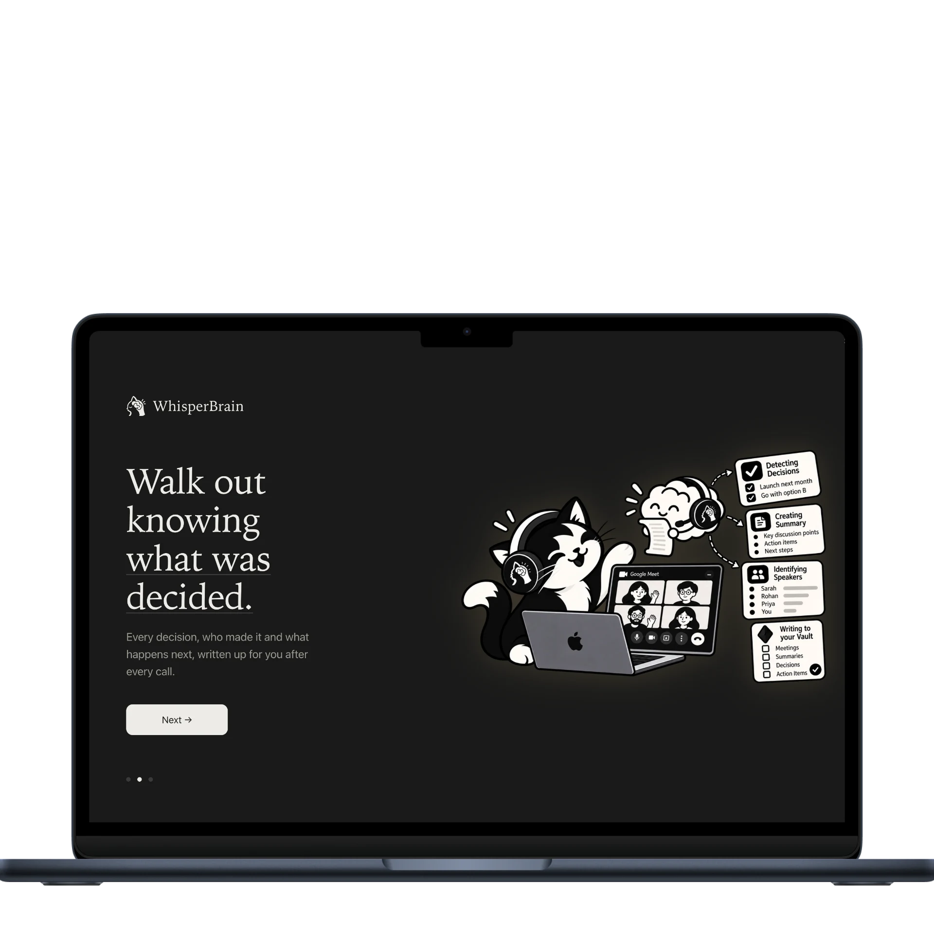 Dark WhisperBrain onboarding screen showing decisions, summaries, speakers, and vault notes