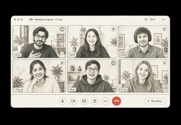Illustrated video meeting with six participants, showing the conversation WhisperBrain remembers