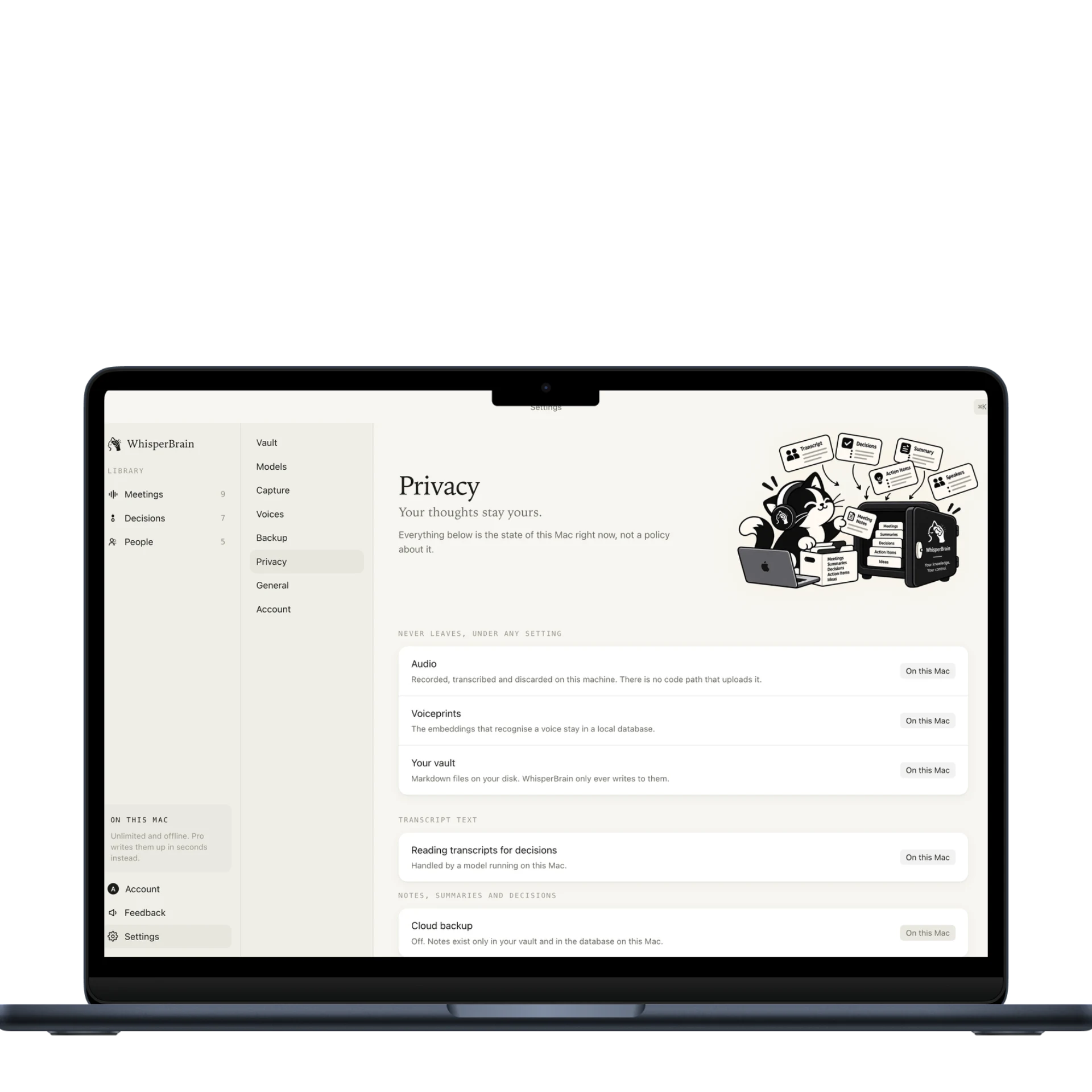 WhisperBrain privacy settings showing audio and voiceprints staying on this Mac